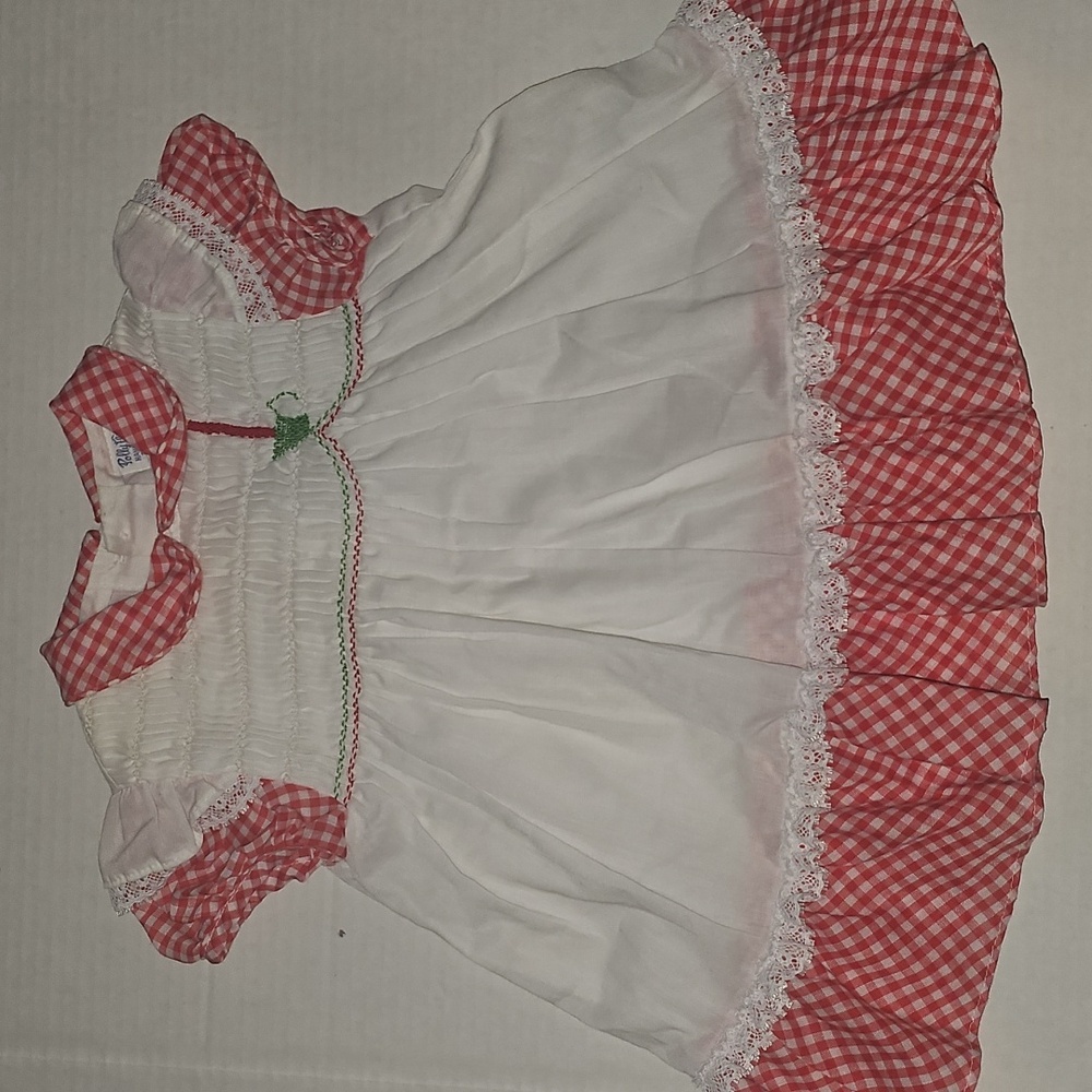 Vintage Polly Flinders Hand Smocked Baby Dress Sz 24 Mths Red/White Gingham Xmas